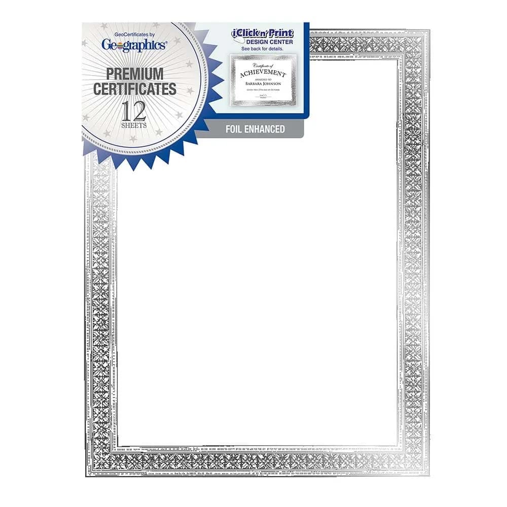 Geographics Award Certificate Paper - Silver Foil Flourish Border 12 Sheets (8.5 x 11 in) - main product image