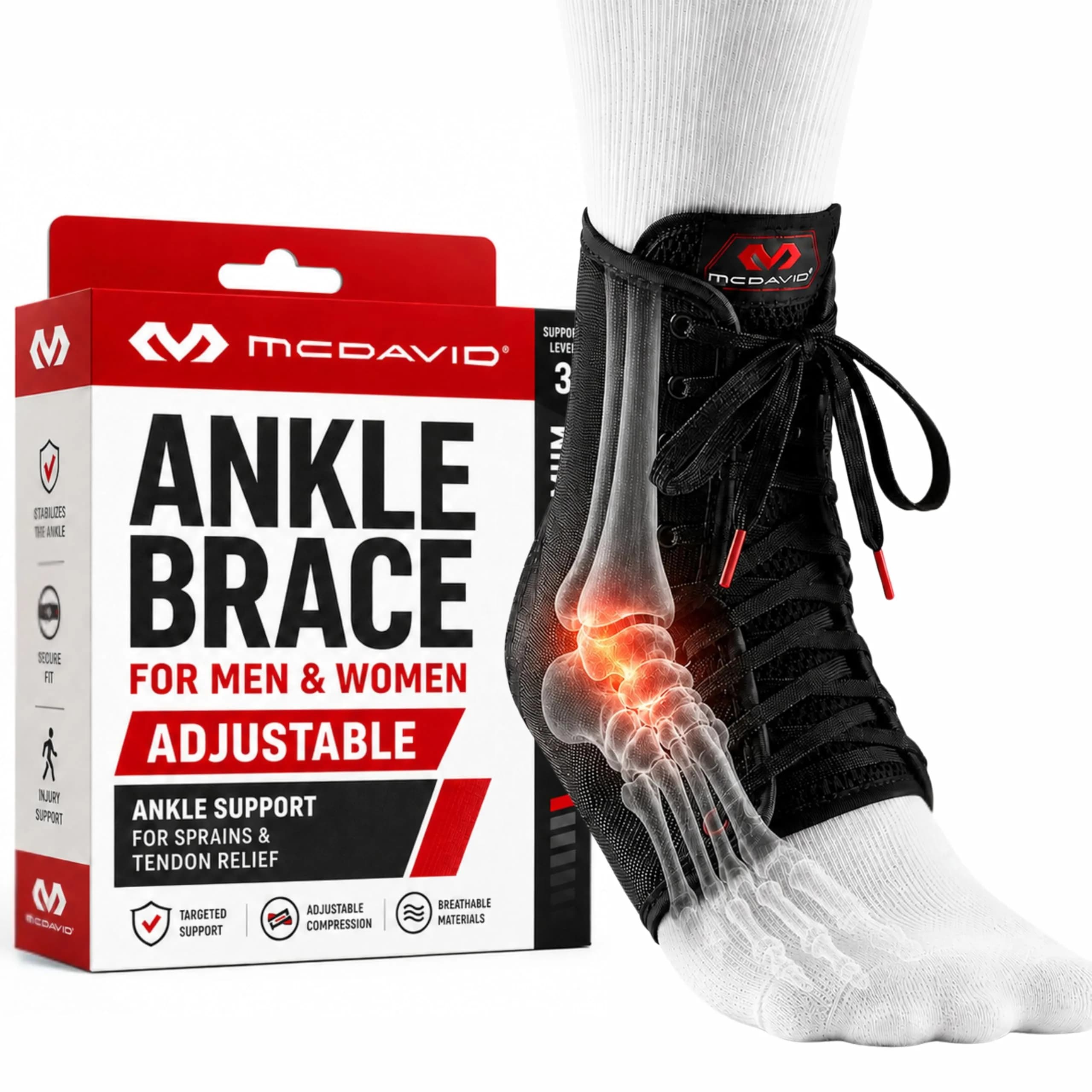 McDavid Adjustable Ankle Brace for Women Men | Sprain Support & Recovery, Lace Up, Black, XL — Black