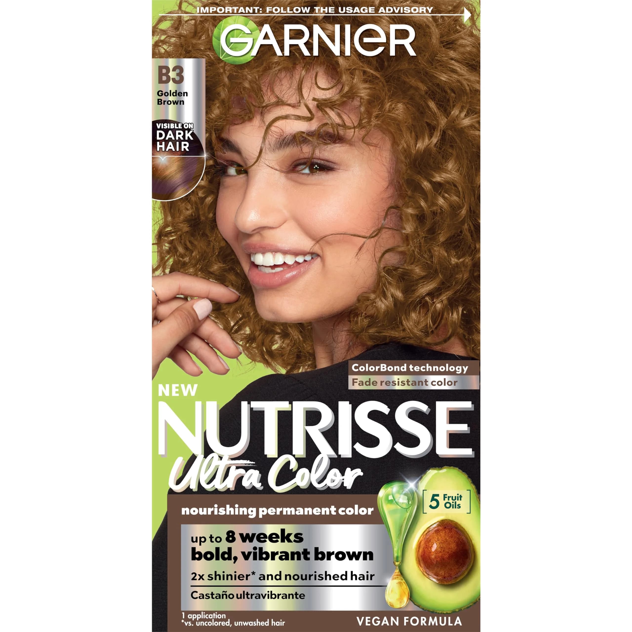 Garnier Nutrisse Ultra Color B3 Golden Brown (Spiced Rum) Permanent Hair Dye 1 Count | High Lift Shade for Dark Hair - main product image