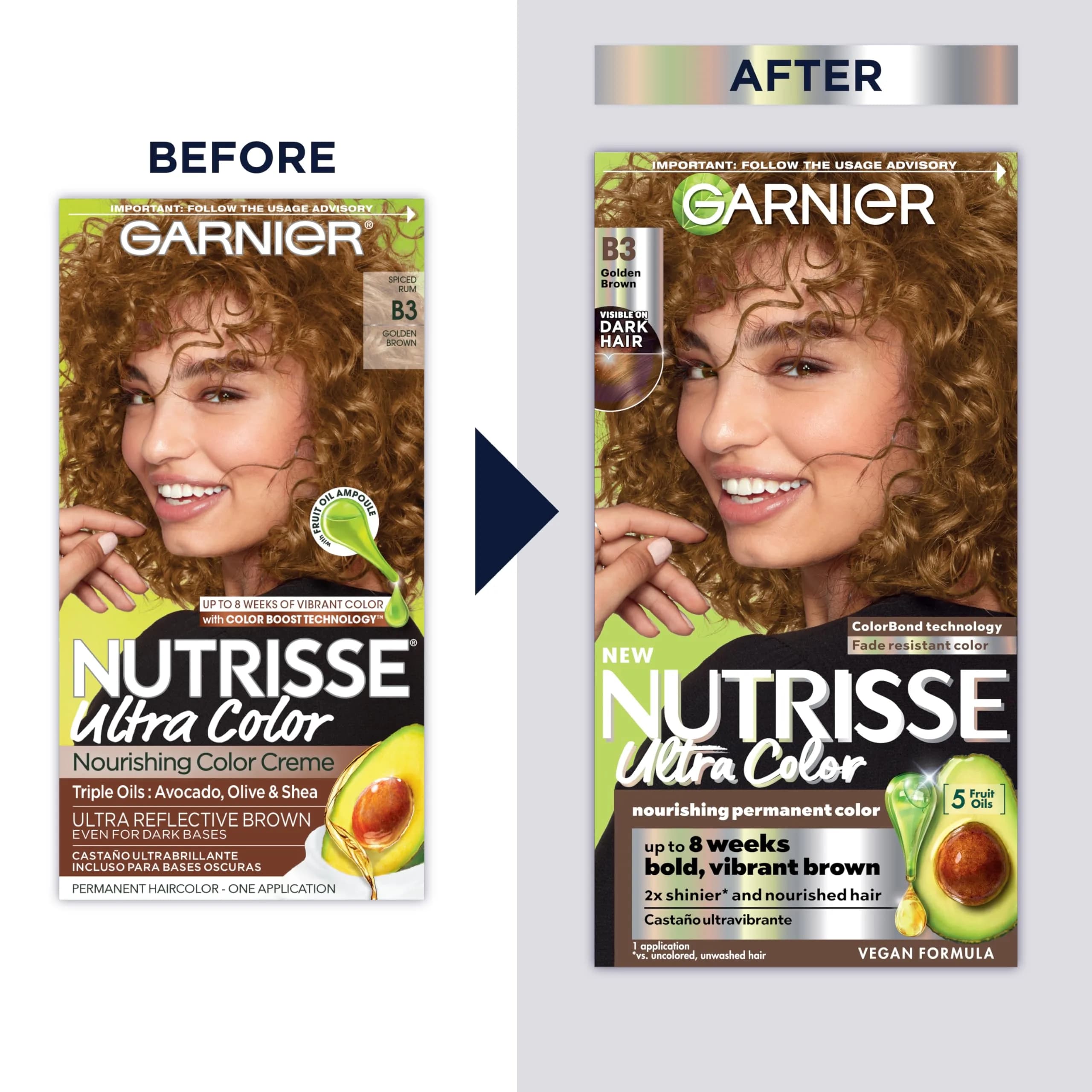 Garnier Nutrisse Ultra Color B3 Golden Brown (Spiced Rum) Permanent Hair Dye 1 Count | High Lift Shade for Dark Hair - view 2