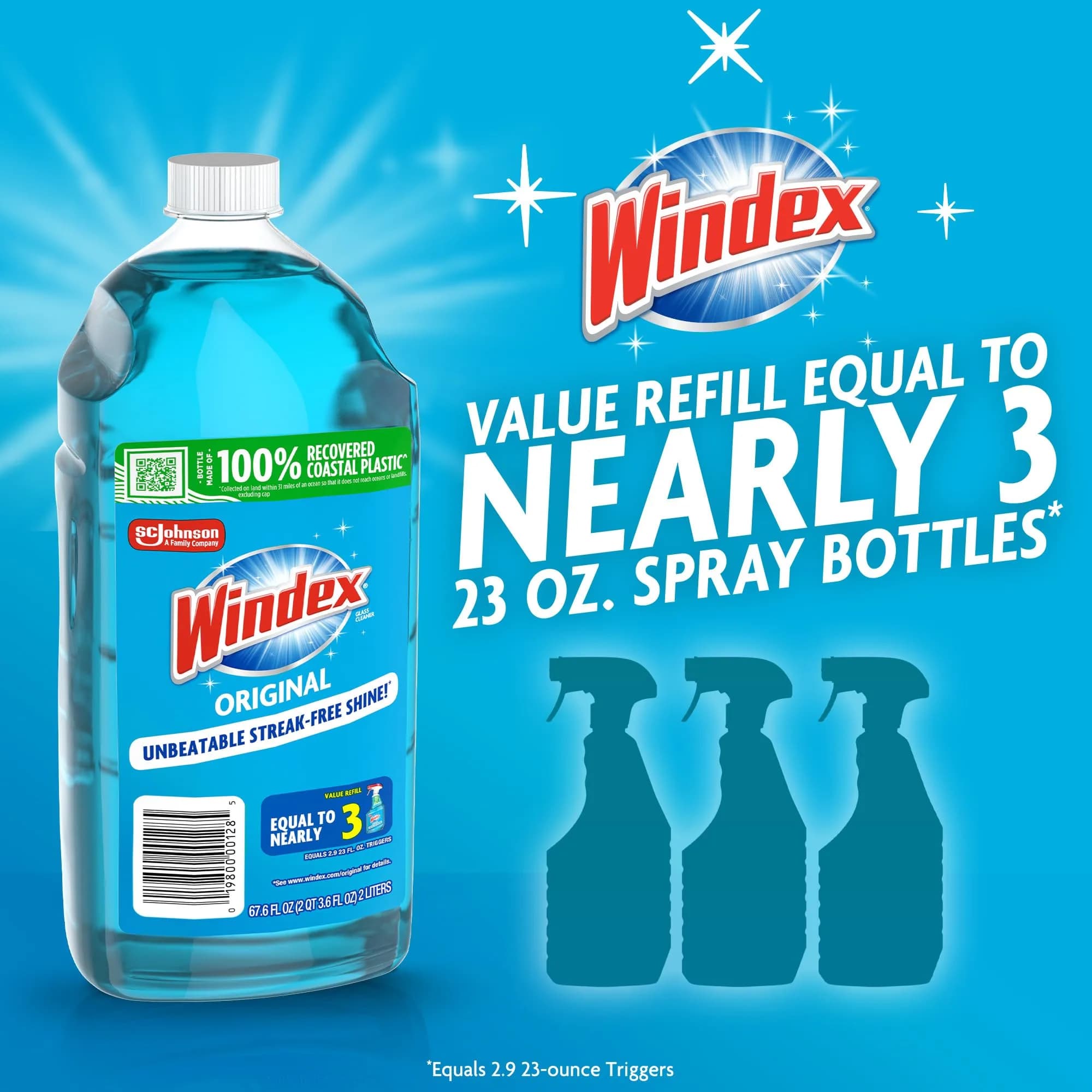 Windex Original Blue Glass and Window Cleaner Refill 2L (67.6 Fl Oz) | Streak-Free Shine for All Glass Surfaces - view 2