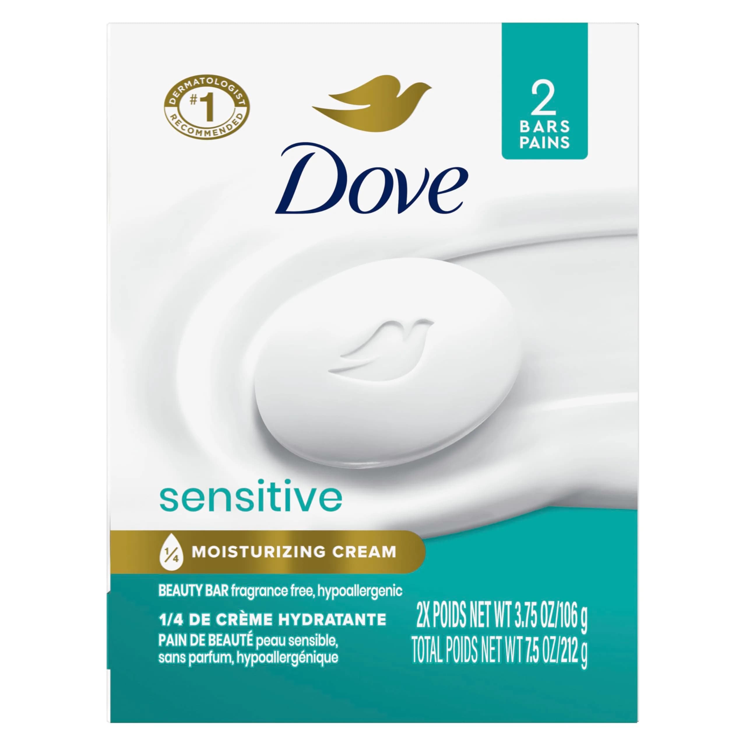 Dove Sensitive Skin Beauty Bar Soap 204g (7.5 Oz) | Hypoallergenic & Fragrance-Free Cleanser — 4 Ounce