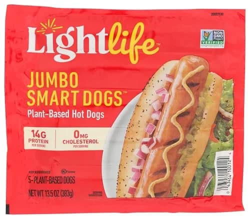 Lightlife Jumbo Smart Dogs 13.5 OZ | Plant-Based Vegan Hot Dogs, Perfect for Barbecues & Quick Lunches thumbnail 1