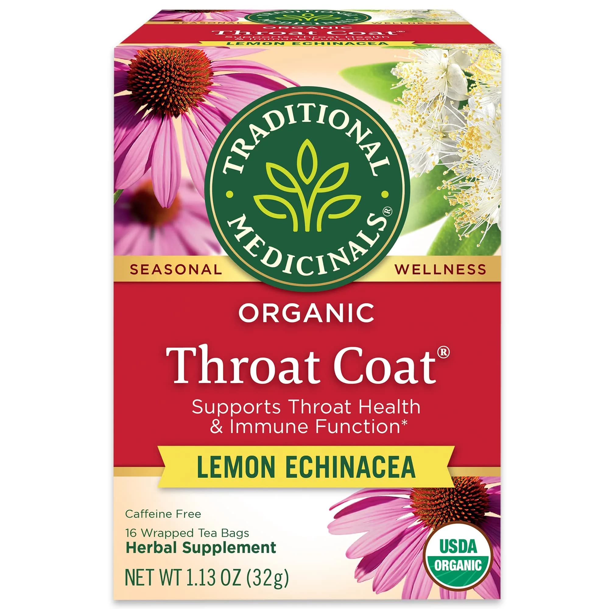 Traditional Medicinals Organic Throat Coat Lemon Echinacea Tea 16 ct | Supports Throat Health & Immune System — No Color
