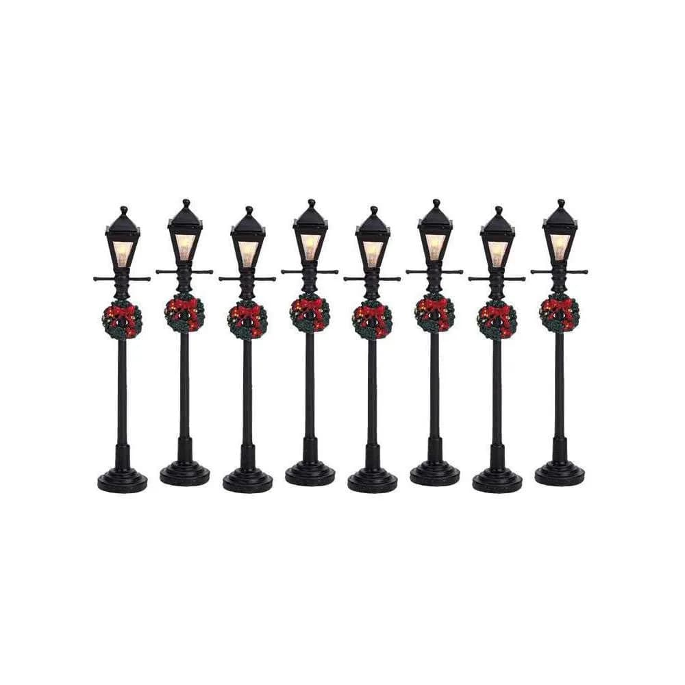 Lemax Gas Lantern Street Lamp Set of 8 Battery Operated 10.5cm (4.13in) Red Shades | Christmas Village Accessory - main product image
