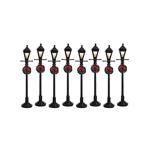 Lemax Gas Lantern Street Lamp Set of 8 Battery Operated 10.5cm (4.13in) Red Shades | Christmas Village Accessory thumbnail 1