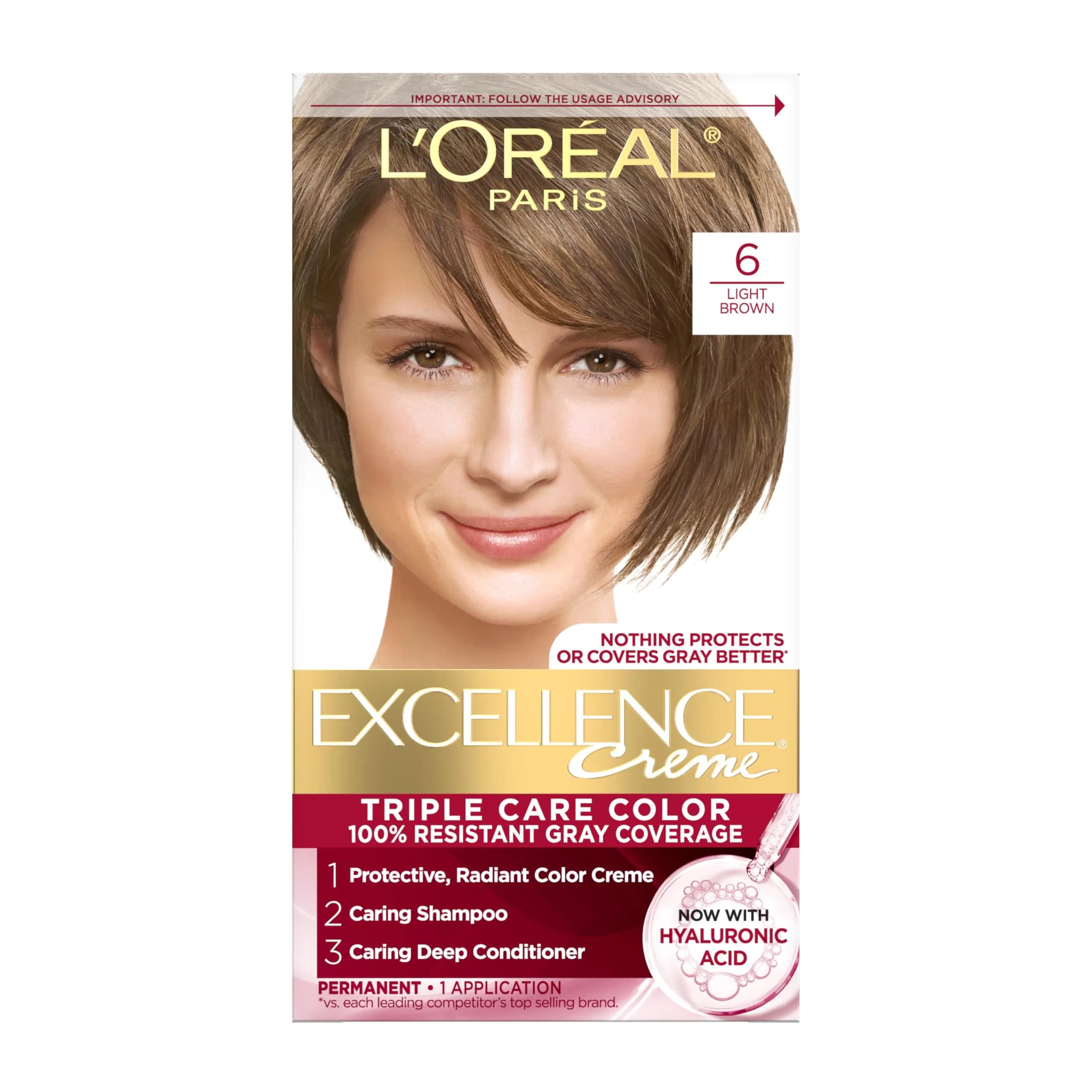 L'Oreal Paris Excellence Crème Permanent Hair Dye Dark Chocolate Brown | Triple Care Color Routine with Hyaluronic Acid — 6 Light Brown