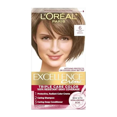 L'Oreal Paris Excellence Crème Permanent Hair Dye, Triple Care 6 Light Brown, 1 Kit | Hyaluronic Acid Gray Coverage thumbnail 1