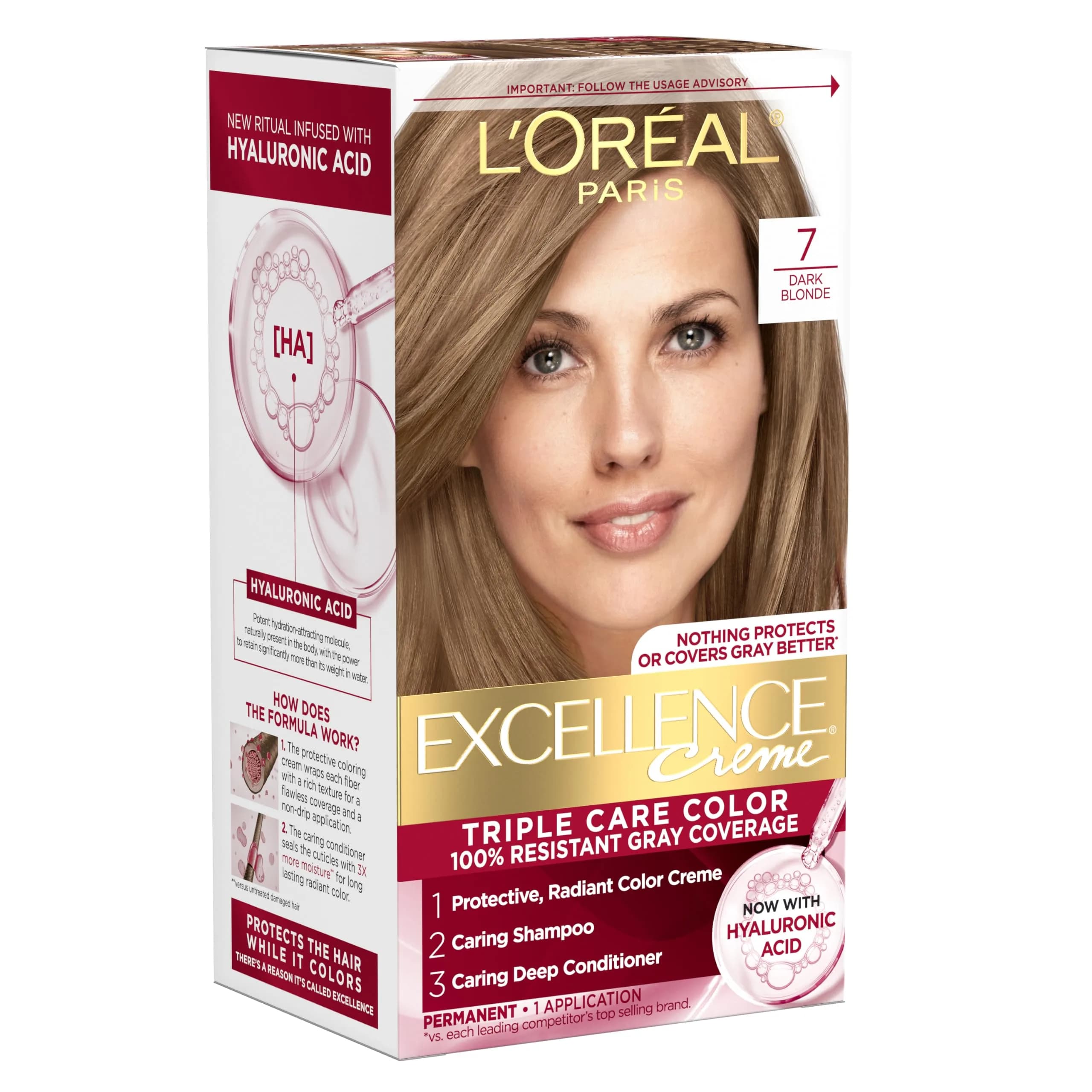 L'Oreal Paris Excellence Crème Permanent Hair Dye 7 Dark Blonde | Triple Care Color with Hyaluronic Acid for 100% Gray Coverage - main product image