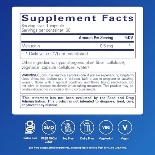 Pure Encapsulations Melatonin 0.5 mg | Supports Sleep & Circadian Rhythm, 60 Capsules thumbnail 2