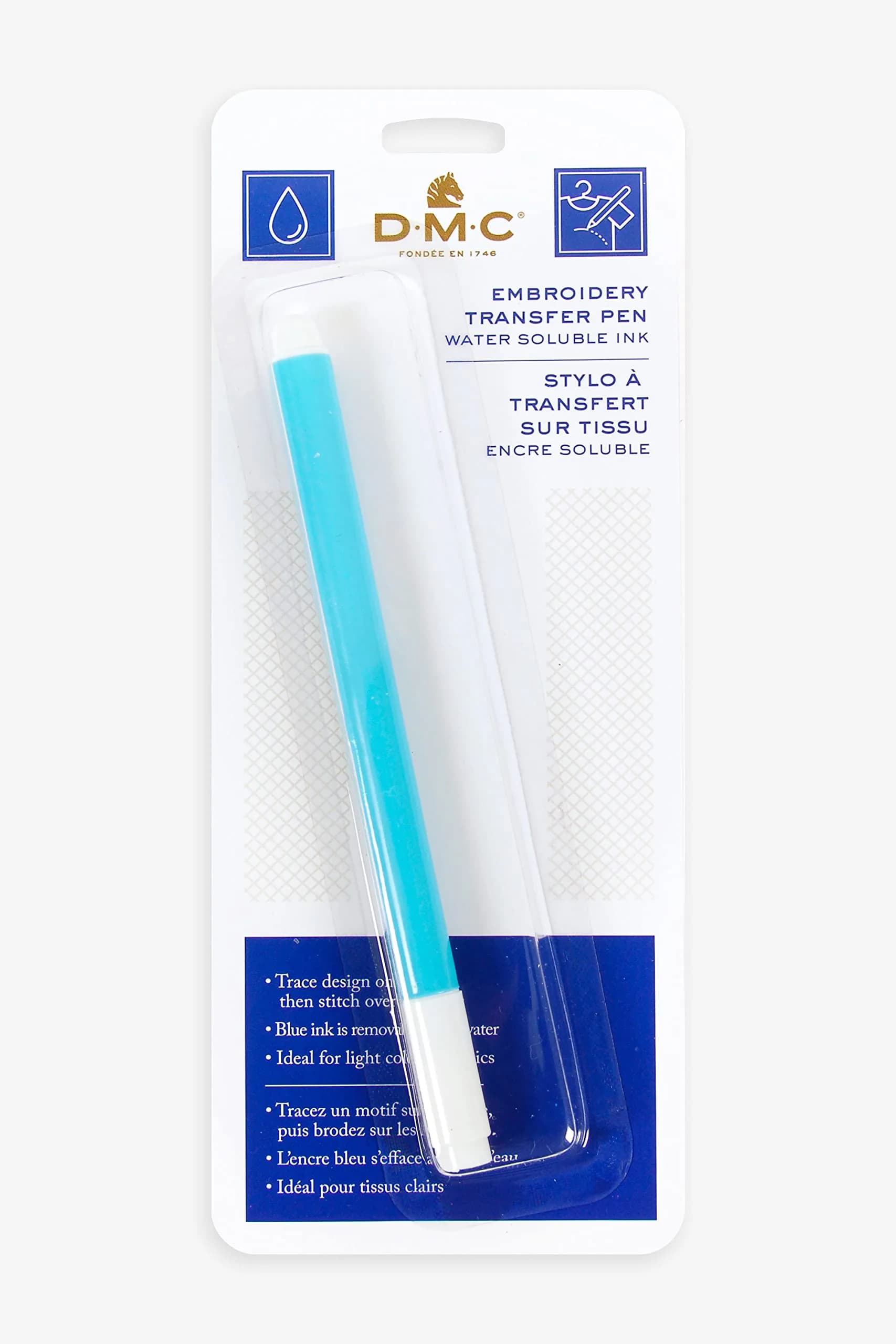 DMC Embroidery Transfer Pen, Blue | Water-Soluble Fabric Marker for Light Fabrics