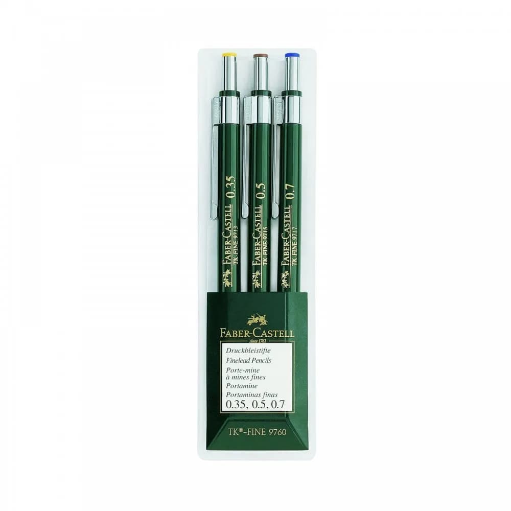 Faber-Castell TK-Fine-9713 Mechanical Pencils Wallet of 3-0.35, 0.5, 0.7mm | Fully Retractable Lead Sleeve for Precise Drawing - main product image