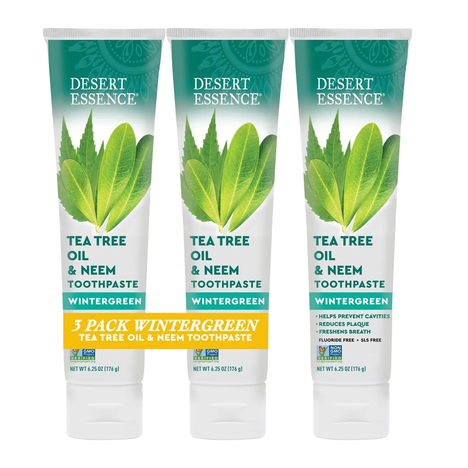 Desert Essence Tea Tree Oil and Neem Toothpaste, Wintergreen, 3 Pack | Fluoride-Free, Vegan, Fresh Breath (6.25 Oz x 3) — 3-Pack