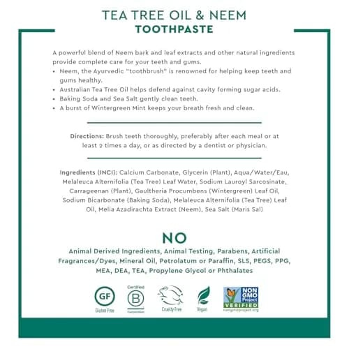Desert Essence Tea Tree Oil and Neem Toothpaste, Wintergreen, 3 Pack | Fluoride-Free, Vegan, Fresh Breath (6.25 Oz x 3) thumbnail 2
