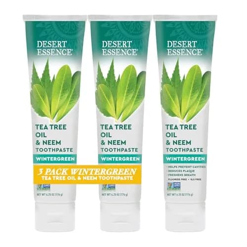 Desert Essence Tea Tree Oil and Neem Toothpaste, Wintergreen, 3 Pack | Fluoride-Free, Vegan, Fresh Breath (6.25 Oz x 3) - main product image