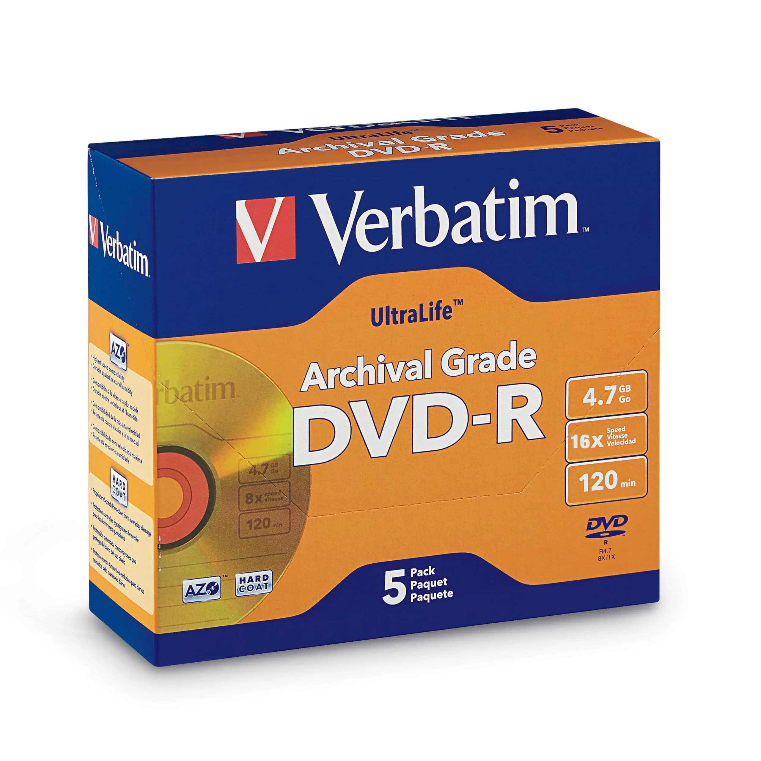 Verbatim UltraLife Gold DVD-R 4.7GB 120 Min 16X Write Speed Hard Coat Jewel Case (5 Pack) | Archival Grade Media — gold