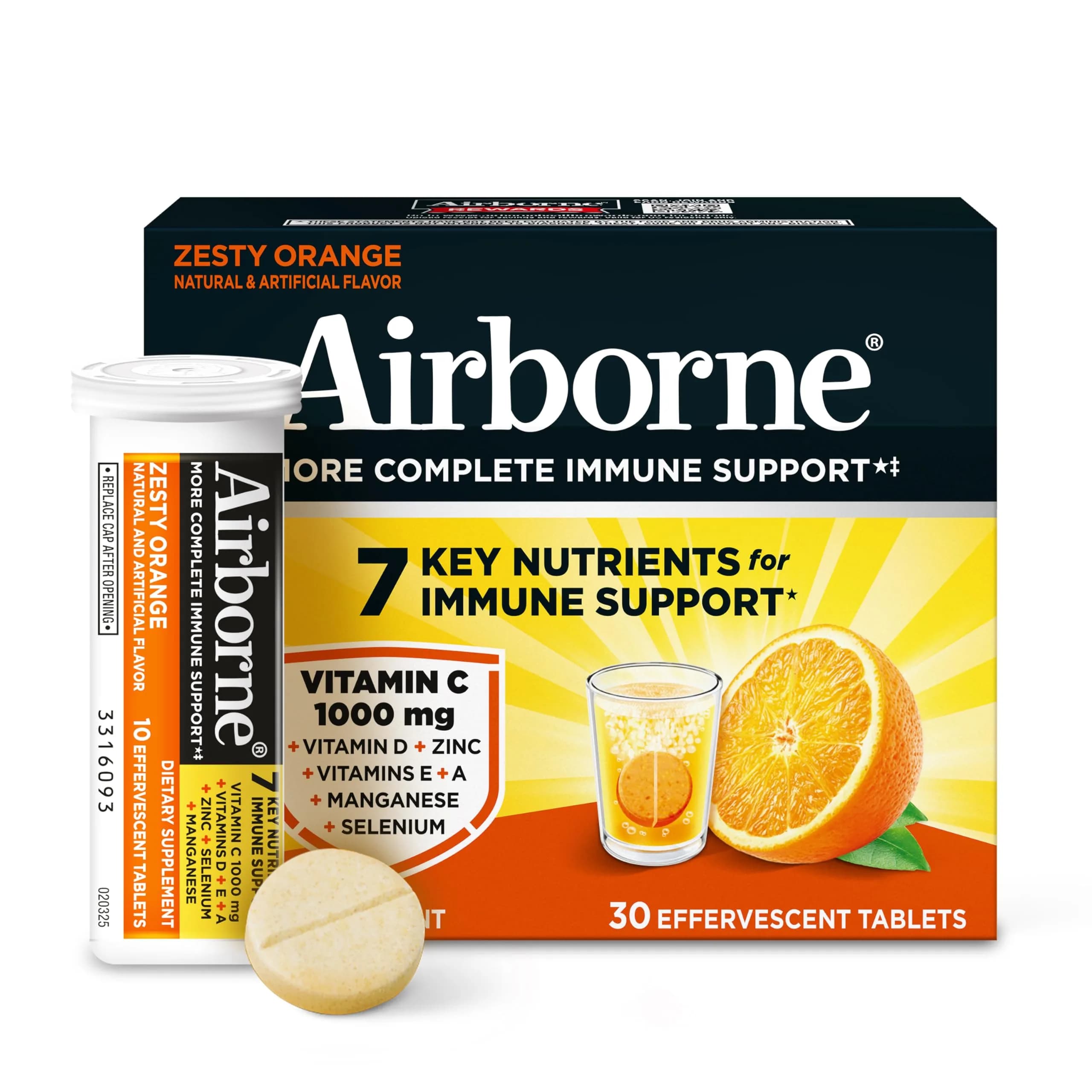 Airborne Immune Support Effervescent Tablets Zesty Orange 30 Count (Pack of 1) | 1000mg Vitamin C + 1500IU Vitamin D Immune Support - main product image