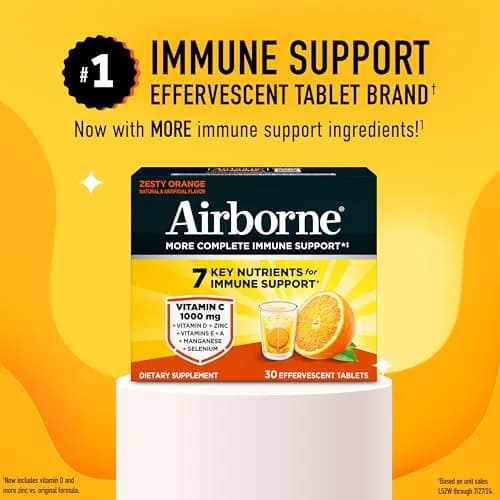 Airborne Immune Support Effervescent Tablets Zesty Orange 30 Count (Pack of 1) | 1000mg Vitamin C + 1500IU Vitamin D Immune Support thumbnail 2