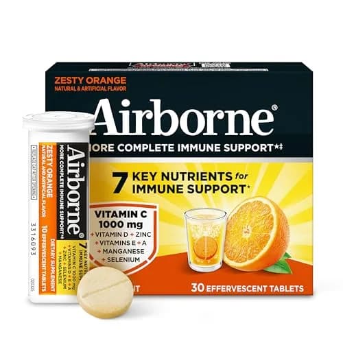 Airborne Immune Support Effervescent Tablets Zesty Orange 10 Count (10 Tablets) | 1000mg Vitamin C + Vitamins A, D, E, Zinc, Selenium, Manganese & Herbal Blend — Citrus