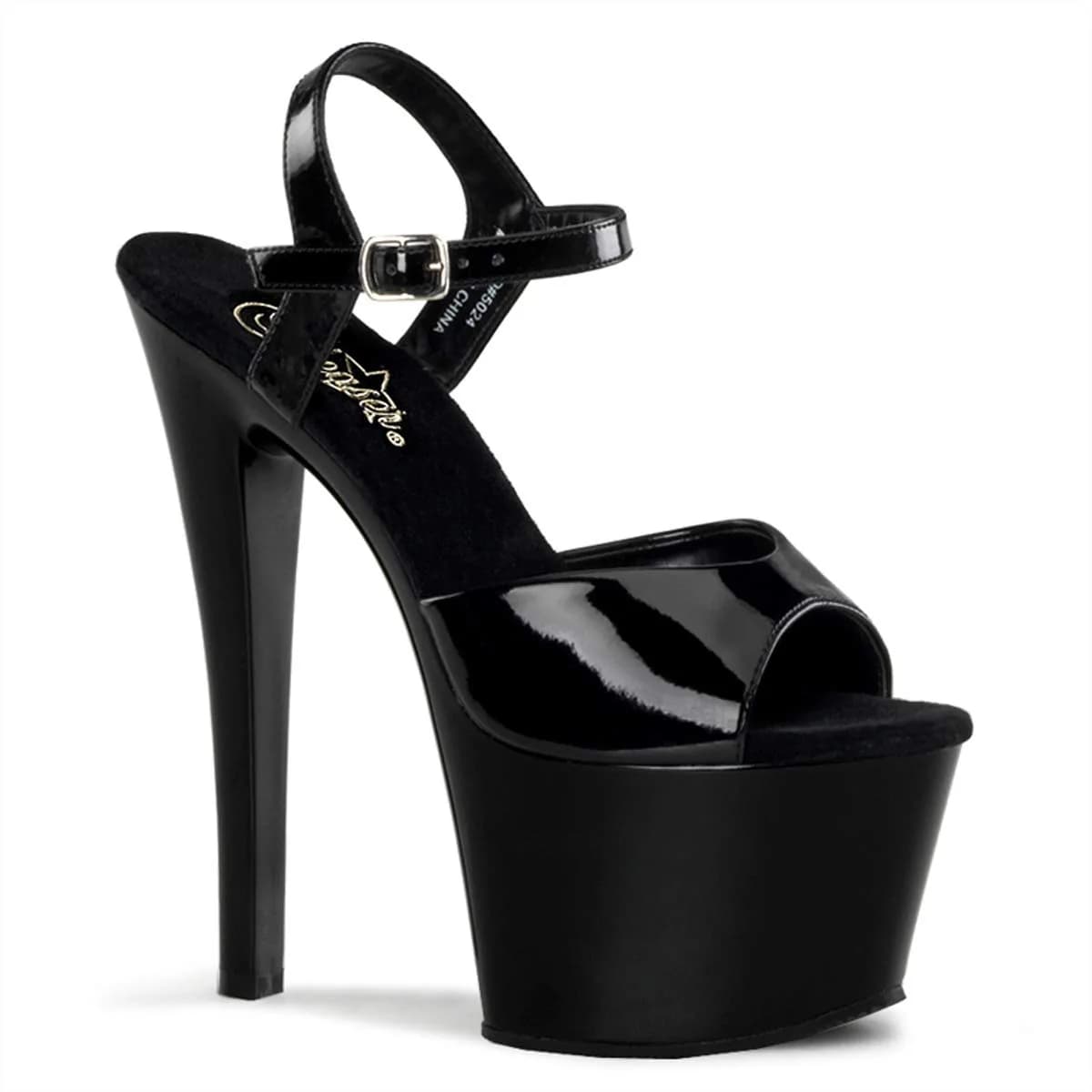Pleaser Sky-309 Ankle-Strap Sandal 7" Heel | Black Patent/Black, Formal Women’s Platform Shoes — Black Patent/Black