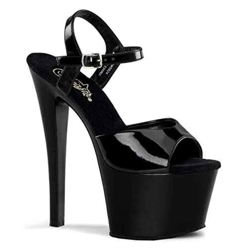 Pleaser Sky-309 Ankle-Strap Sandal 7" Heel | Black Patent/Black, Formal Women’s Platform Shoes thumbnail 1