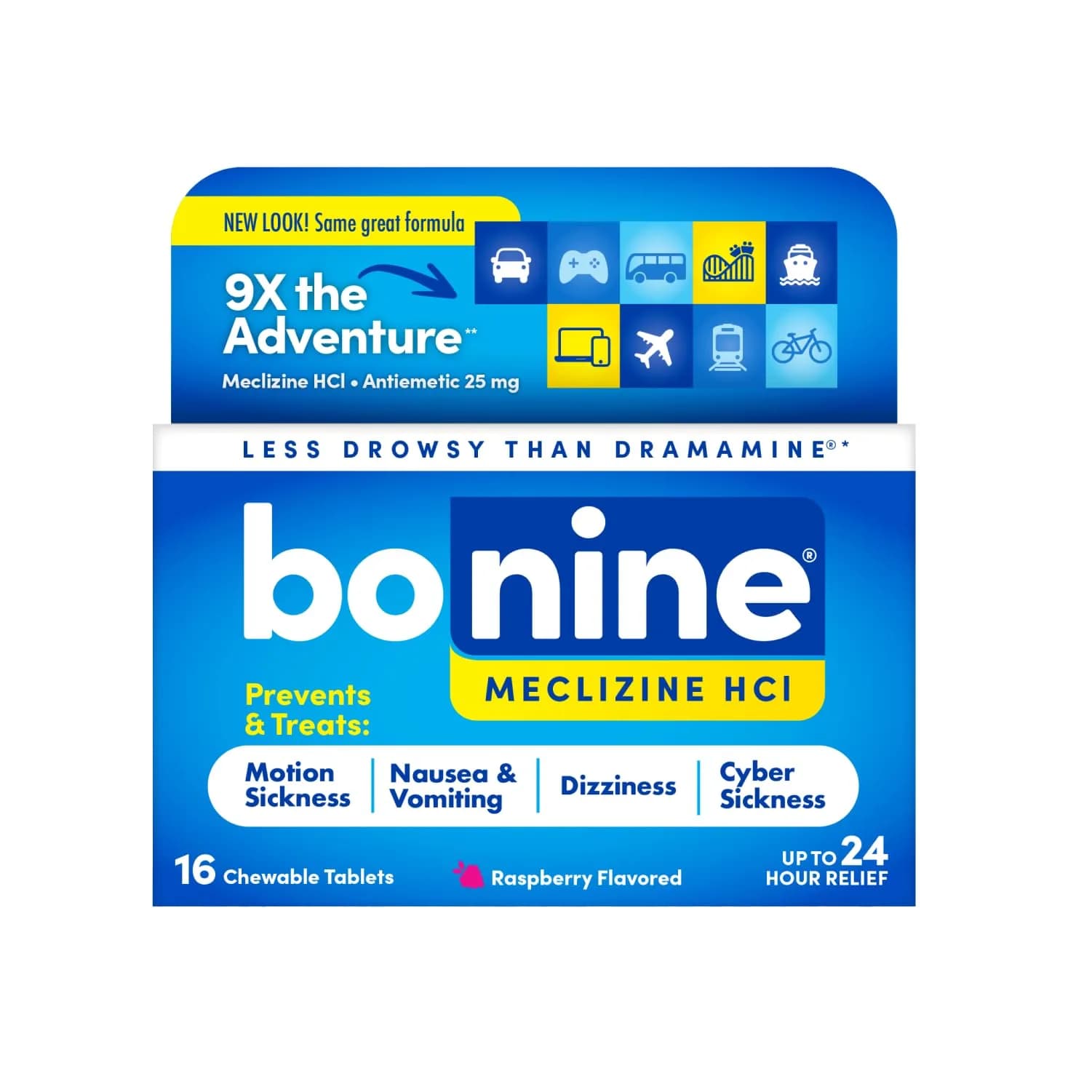 Bonine Meclizine HCl Motion Sickness Relief 16 Ct | Non-Drowsy, Raspberry Chewable Tablets
