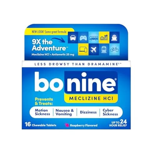 Bonine Meclizine HCl Motion Sickness Relief 16 Ct | Non-Drowsy, Raspberry Chewable Tablets thumbnail 1