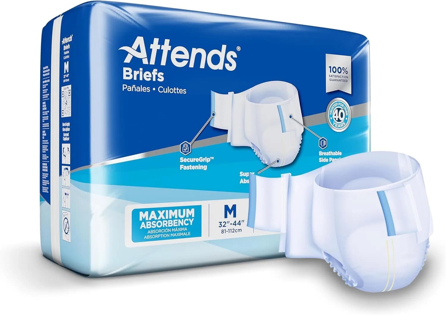 Attends Adult Incontinence Briefs Medium Max Absorbency | Breathable, Discreet Fit, 96 Briefs — Blue
