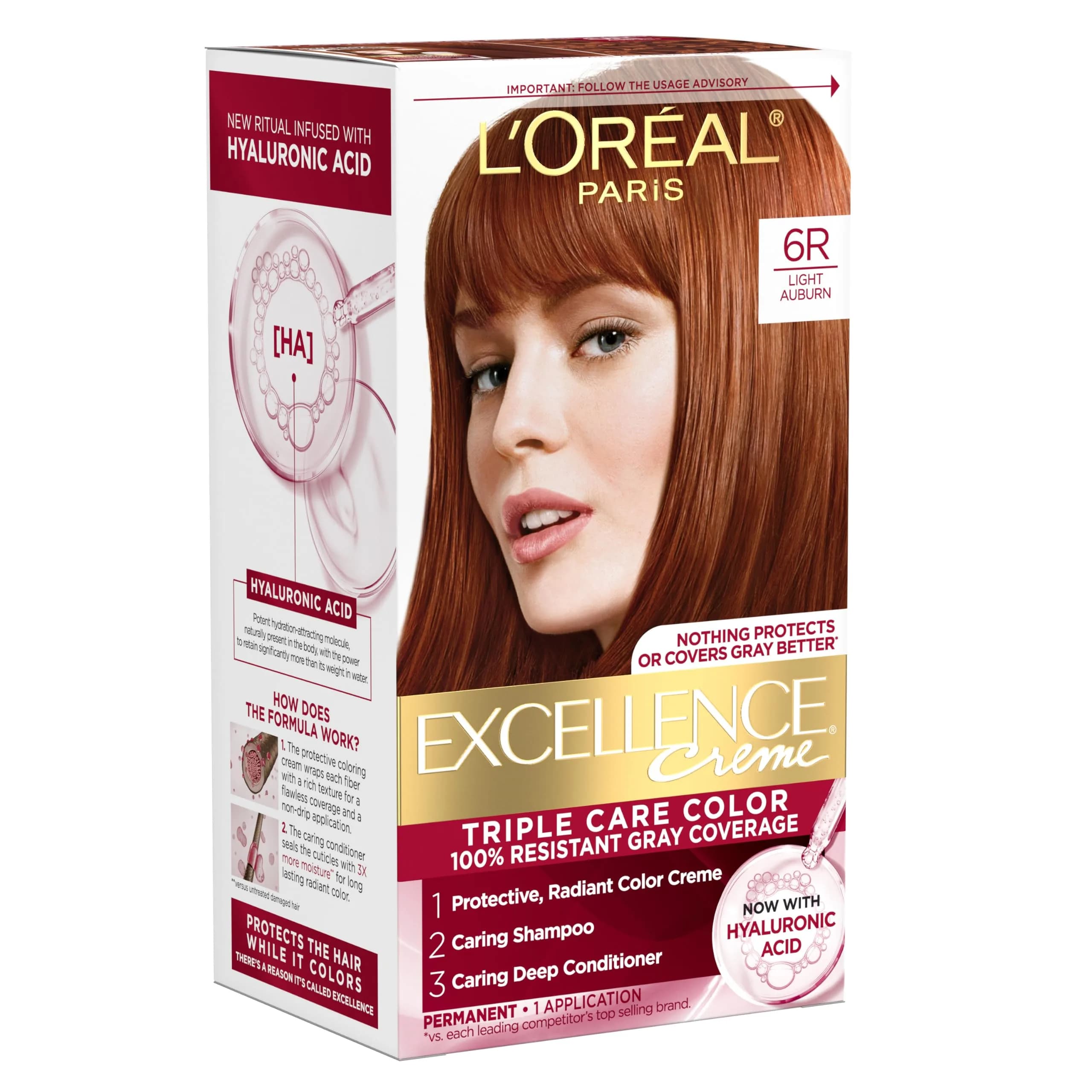 L'Oreal Paris Excellence Crème Permanent Hair Dye 6R Light Auburn | Triple Care Color with Hyaluronic Acid for 100% Gray Coverage - main product image