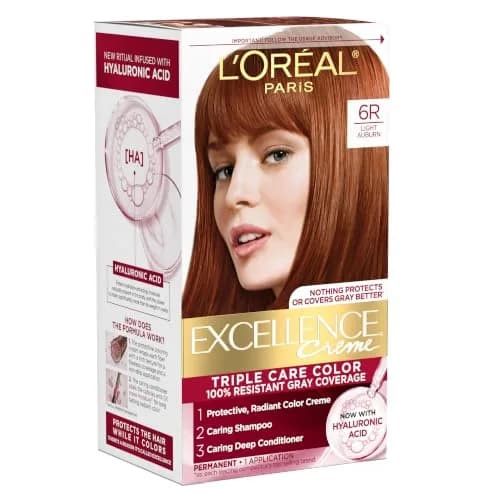 L'Oreal Paris Excellence Crème Permanent Hair Dye 6R Light Auburn | Triple Care Color with Hyaluronic Acid for 100% Gray Coverage thumbnail 1