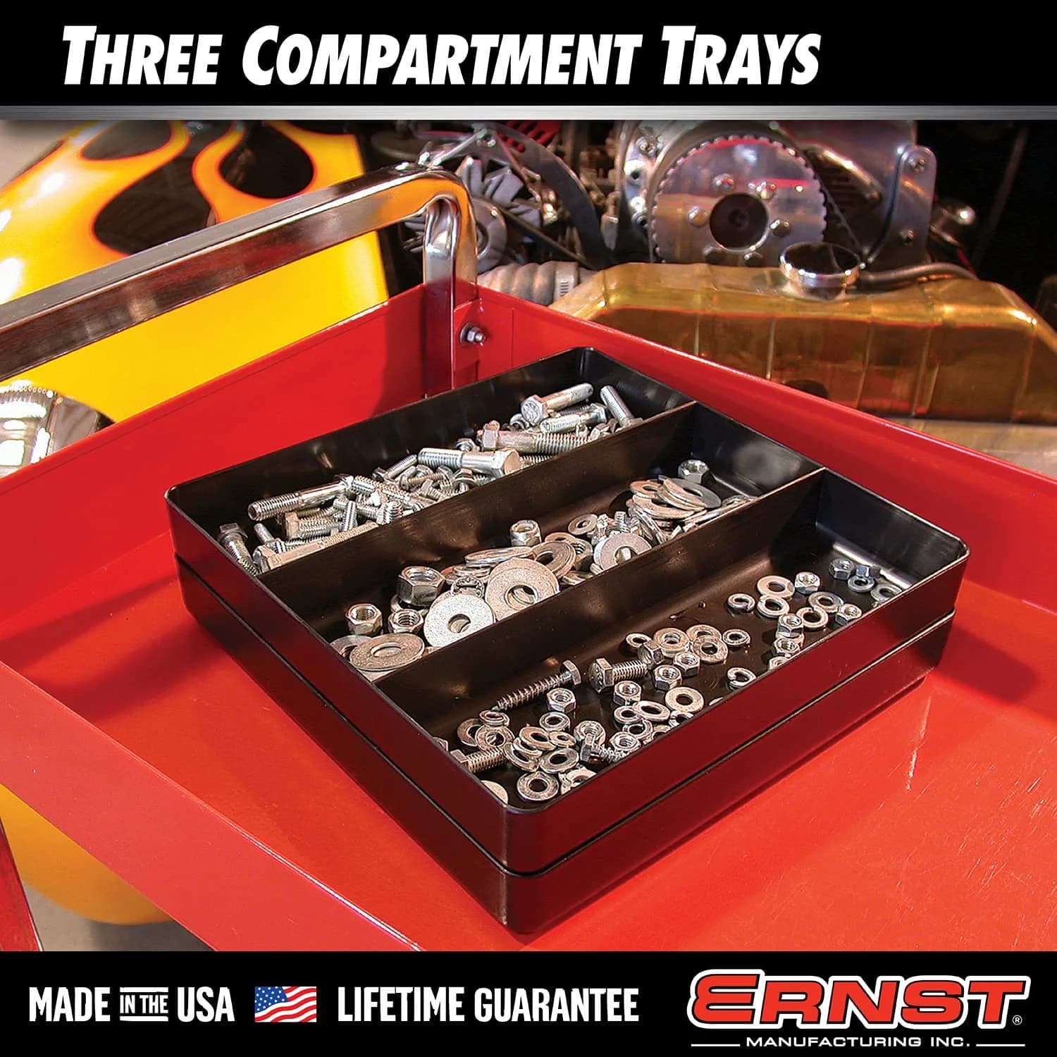 Ernst Manufacturing All Purpose Toolbox and Desk Tray: Stackable Organization Tray with 3 Compartments, 26.7cm x 26.7cm x 3.9cm | Fits Shallow Drawers - view 3