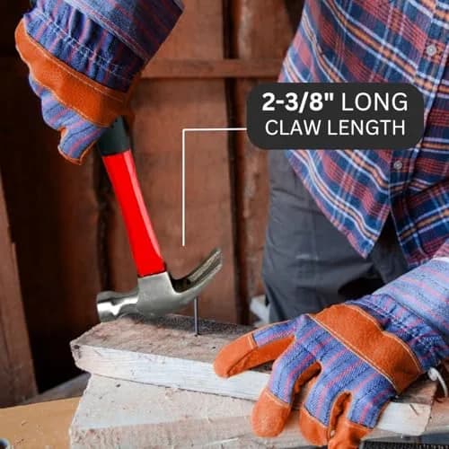 ARTESIA TOOL 13" 16oz Forged Steel Claw Hammer | Red Fiberglass Handle | 6.5" Rubber Grip | Dual-Purpose Building & Demolition thumbnail 6