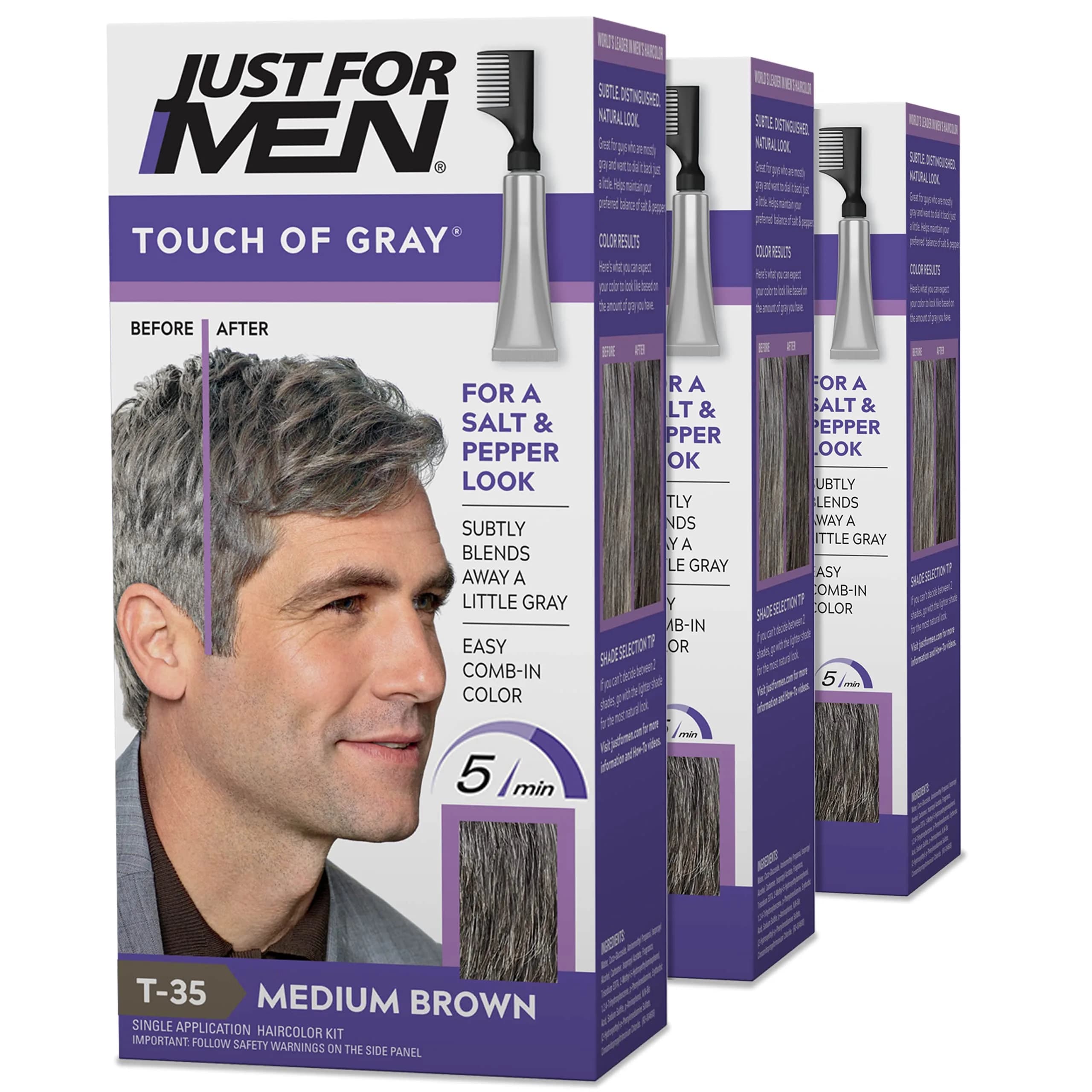 Just for Men Touch of Gray Hair Color, Salt & Pepper Look, Medium Brown T-35 (3 Pack) | Blends Gray Hair for a Natural Look — 3-Pack