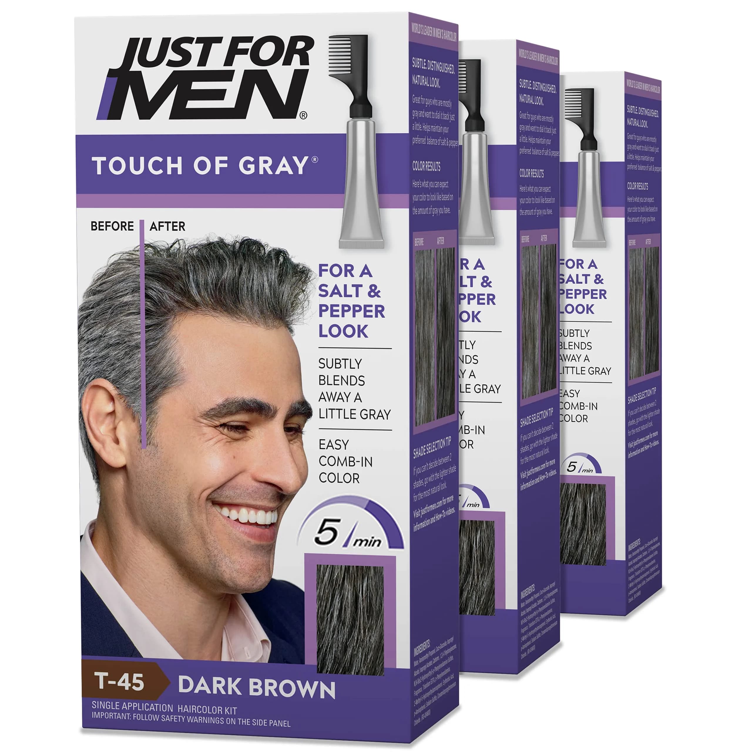 Just For Men Touch of Gray Hair Color Black T-55 (3 Pack) | Subtle Salt & Pepper Look — Dark Brown T-45