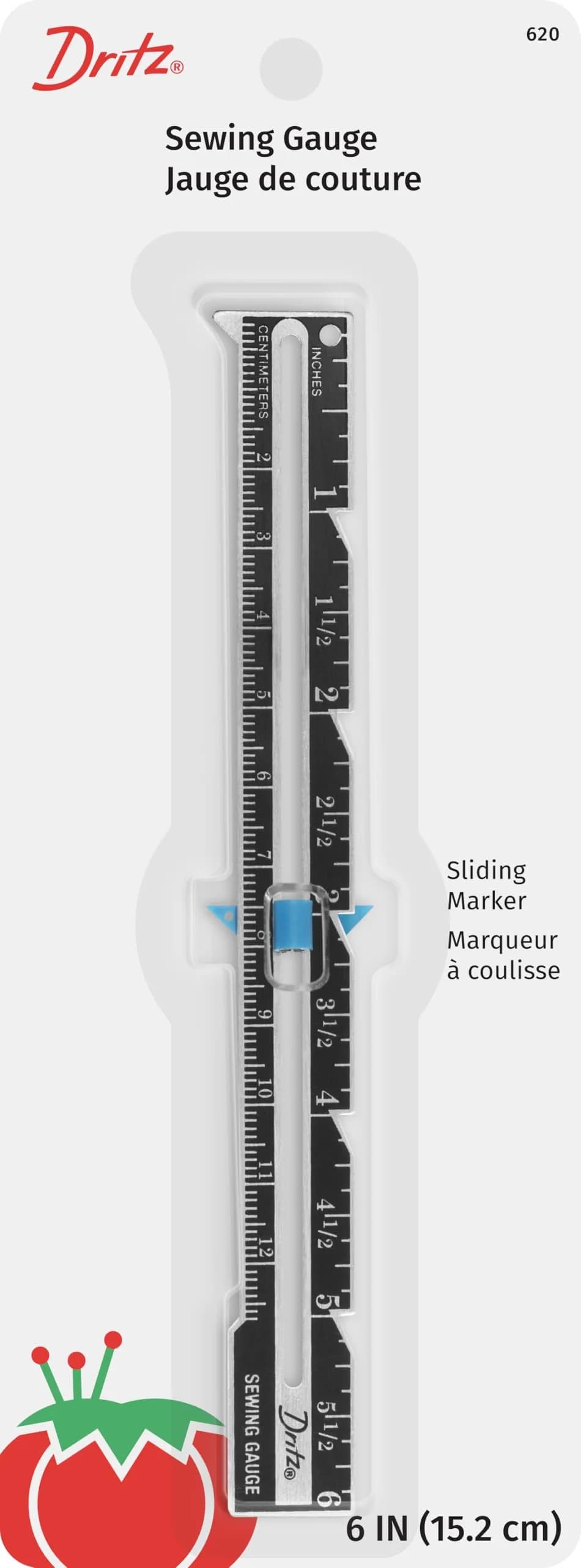 Dritz 620 Sewing Gauge with Sliding Marker, 8 inches (20.3 cm) | Accurate Hem & Buttonhole Marking — Nickel With Black Printing and Blue Slider