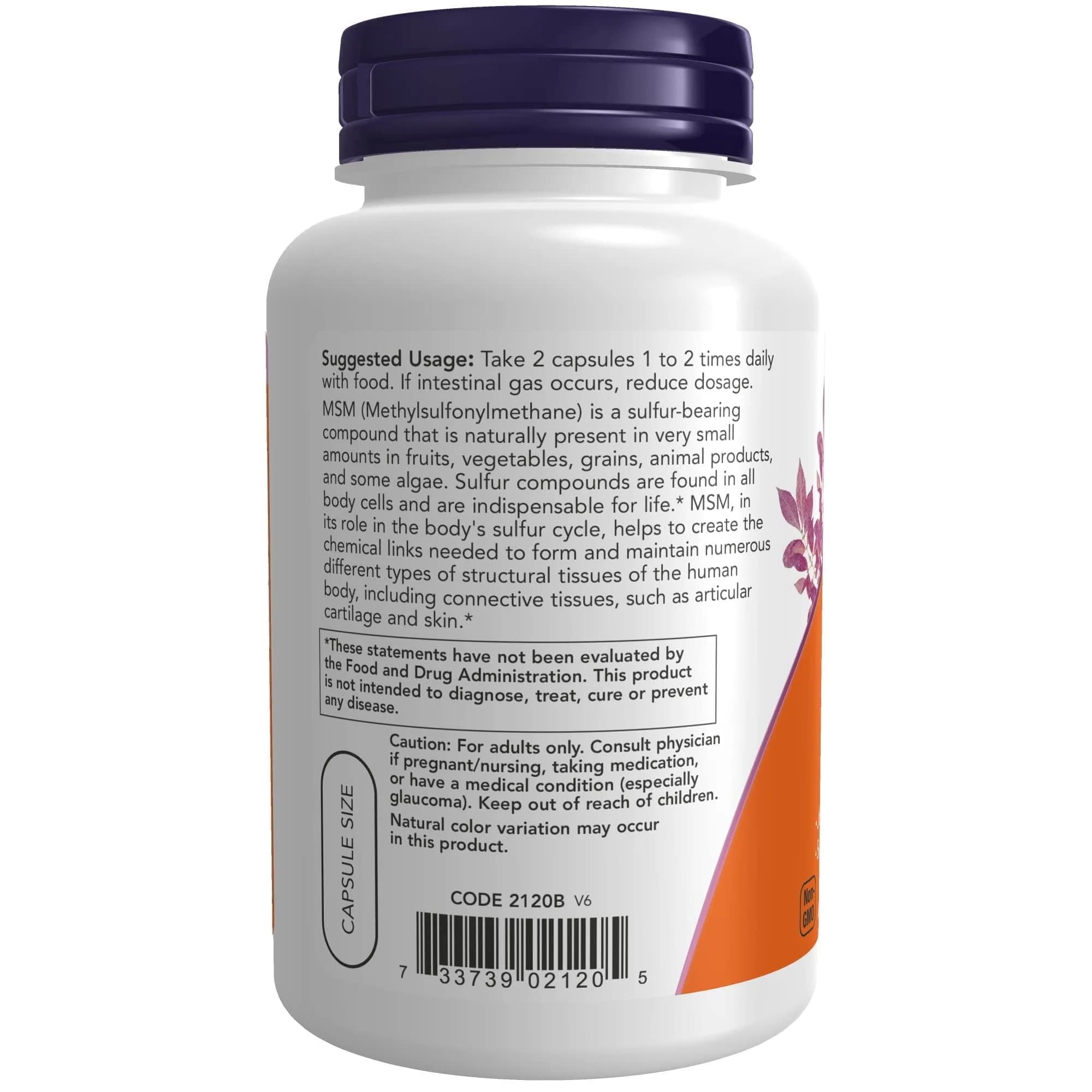 NOW Foods MSM (Methylsulfonylmethane) 1,000 mg 120 Veg Capsules | Supports Joint Health & Connective Tissue - view 3