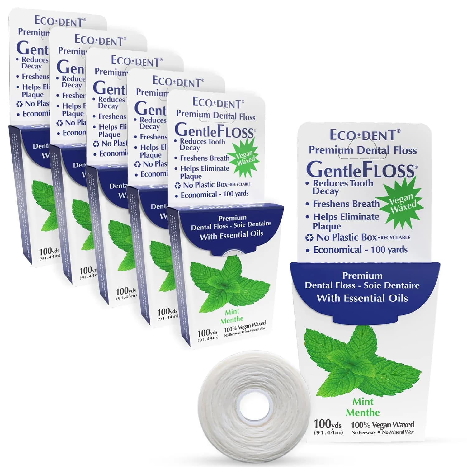 Eco-Dent GentleFloss Dental Floss, Waxed, Mint | Vegan Plant-Based Wax, Recyclable Packaging