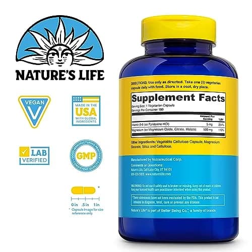 Nature's Life Magnesium 500 mg + Vitamin B-6 | Supports Muscles & Nerves, Lab Verified, 180 VegCaps thumbnail 2