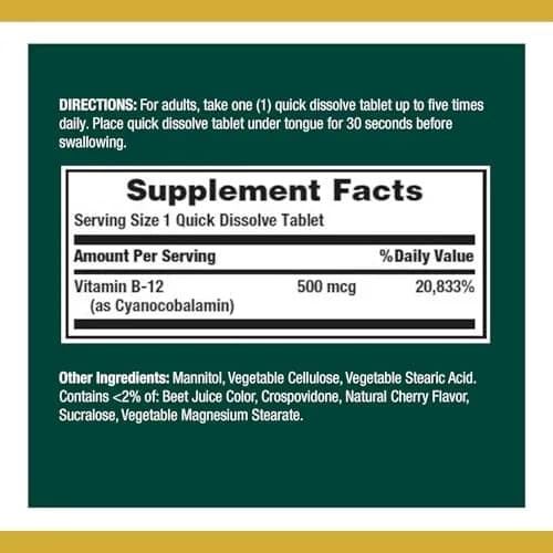 Nature's Bounty Vitamin B-12 500 mcg Microlozenges, 200 Count (Pack of 1) | Energy Metabolism & Nervous System Health thumbnail 2