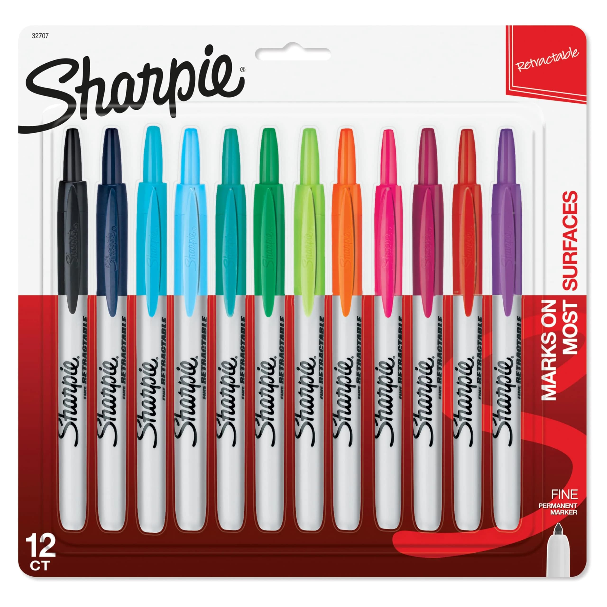 Sharpie Retractable Fine Tip Permanent Markers, Assorted Colors, 12 Count | Bold, Water-Resistant Ink
