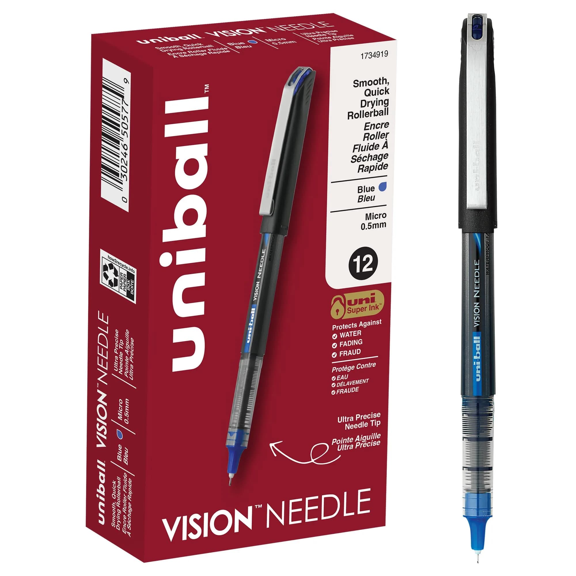 Uni-Ball Vision Needle Rollerball Pens, Micro Point (0.5mm), Blue, 12 Pack | Smooth Ink Flow - main product image