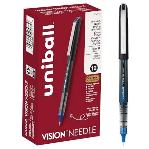 Uni-Ball Vision Needle Rollerball Pens, Micro Point (0.5mm), Blue, 12 Pack | Smooth Ink Flow thumbnail 1
