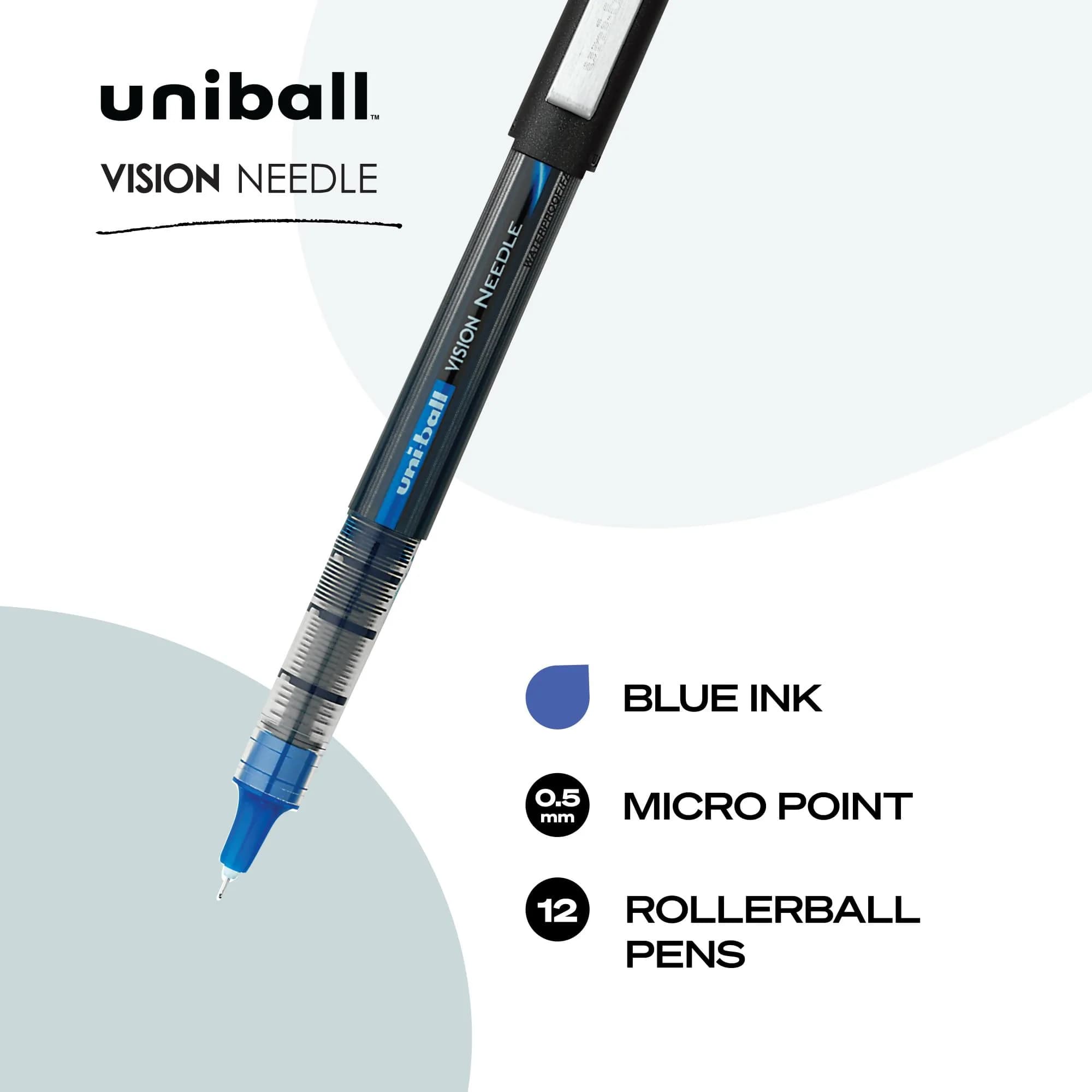 Uni-Ball Vision Needle Rollerball Pens, Micro Point (0.5mm), Blue, 12 Pack | Smooth Ink Flow - view 2
