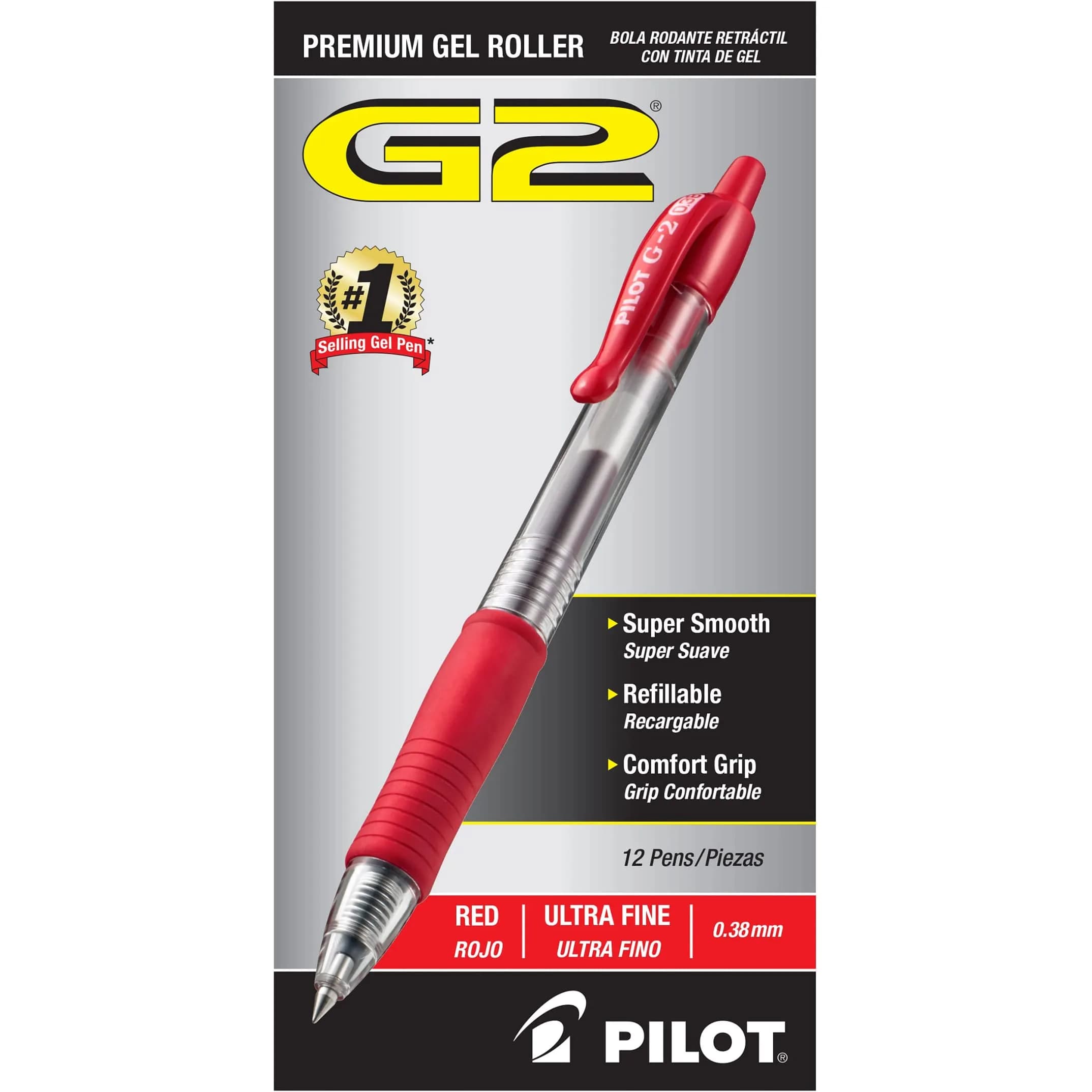PILOT G2 Gel Roller Pens Ultra Fine Point 0.38 mm Red Pens 12 Count | Longest-Lasting Gel Ink Pen — Red Ink