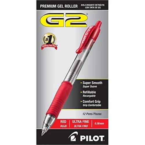 PILOT G2 Gel Roller Pens Ultra Fine Point 0.38 mm Red Pens 12 Count | Longest-Lasting Gel Ink Pen - main product image