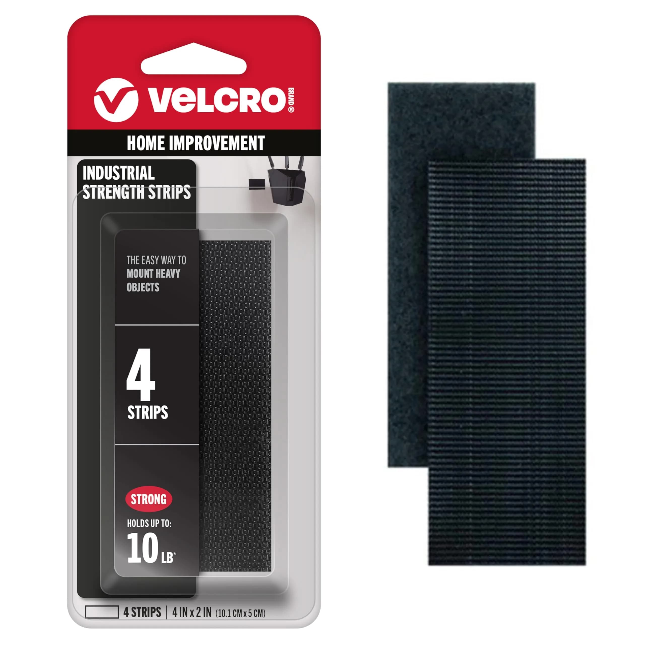 VELCRO Brand Industrial Strength Hook and Loop Strips, Black, 4in x 2in (4 Sets) | Securely Fastens Up to 10 Pounds — Black
