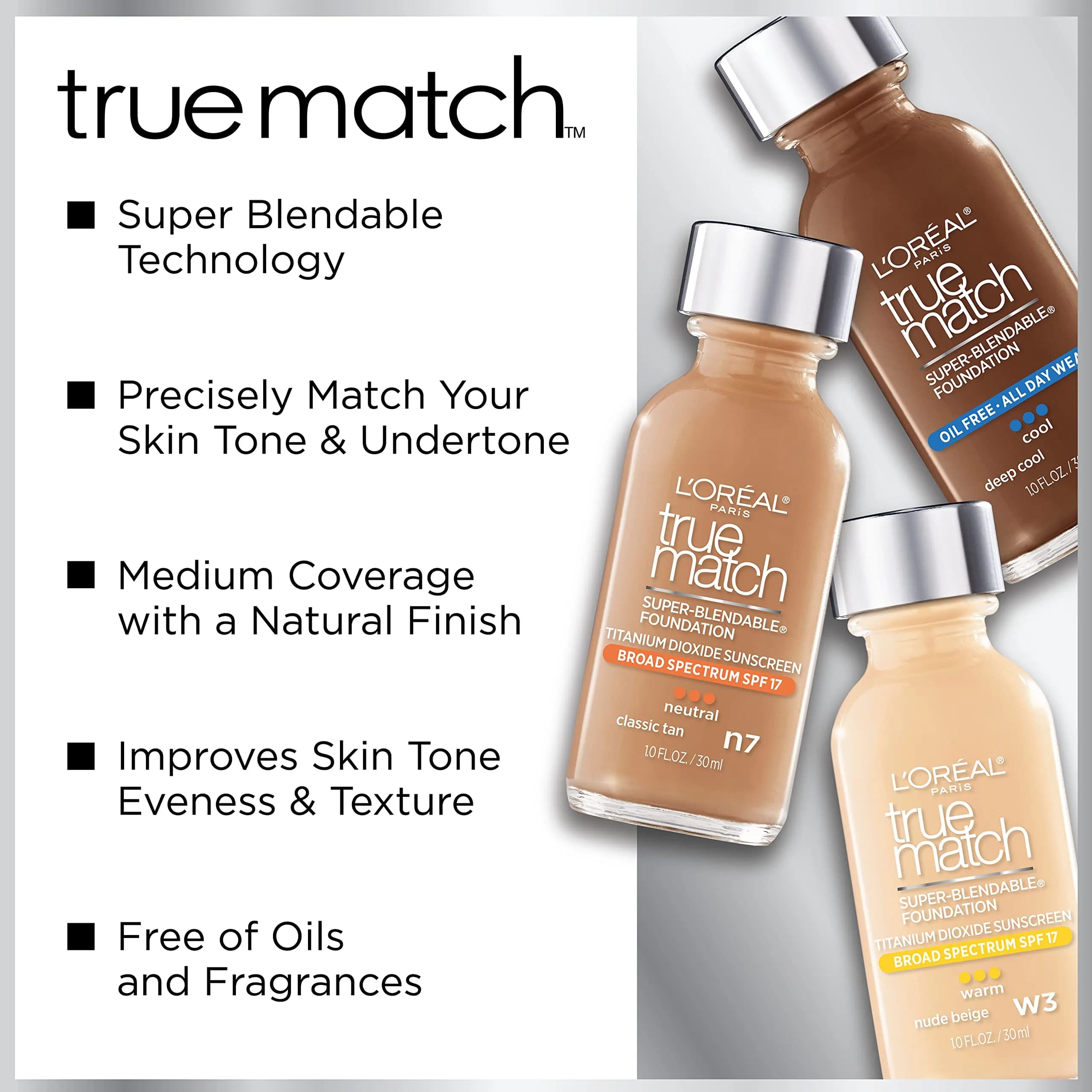 L'Oreal Paris True Match Super-Blendable Liquid Foundation Porcelain W1 29.57ml (1 Fl Oz) | Natural Finish Foundation - view 5
