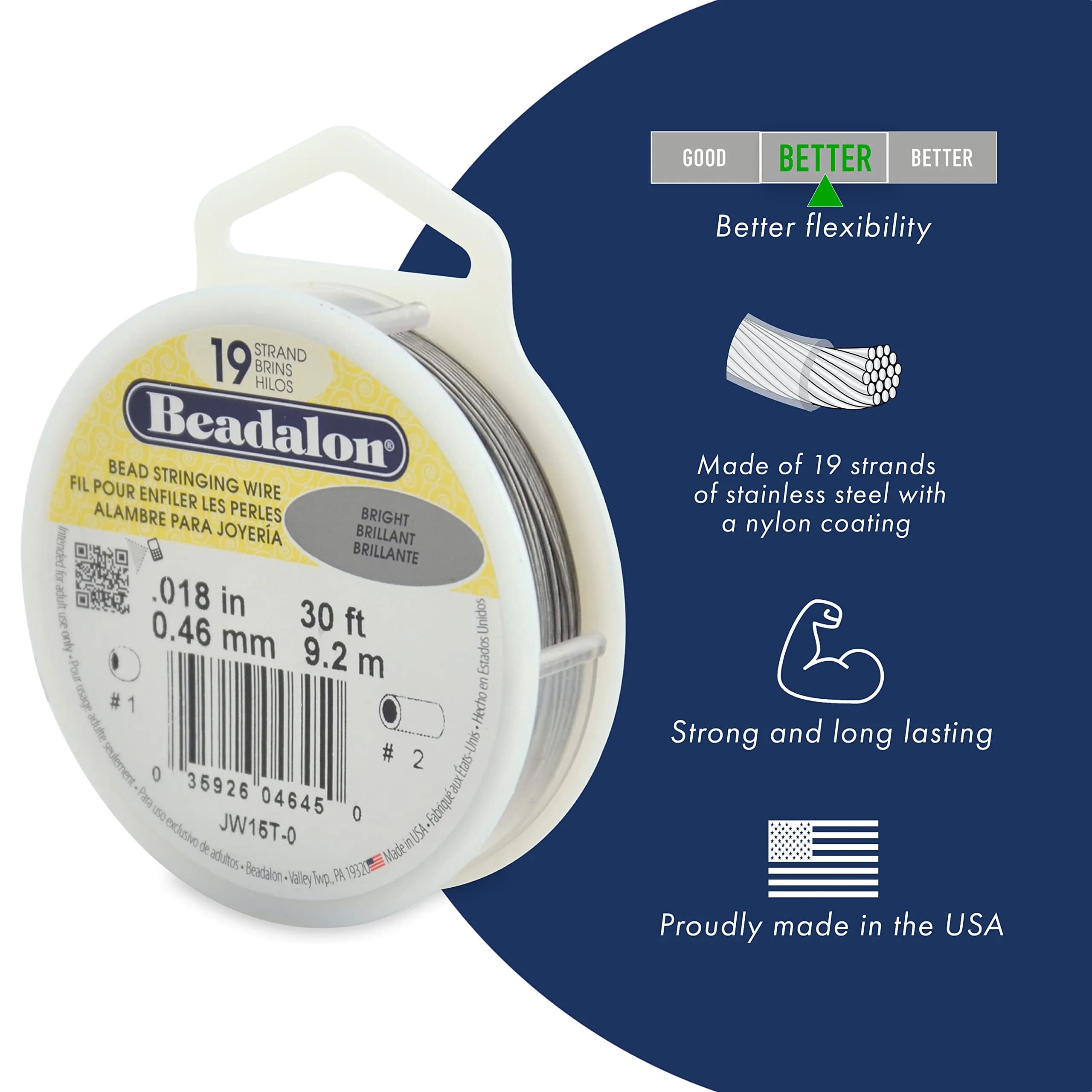 Beadalon 19 Strand Beading Wire - 0.30 mm (0.012 in) Bright, 9.2m (30 ft) | Professional Grade, Made in USA - view 2