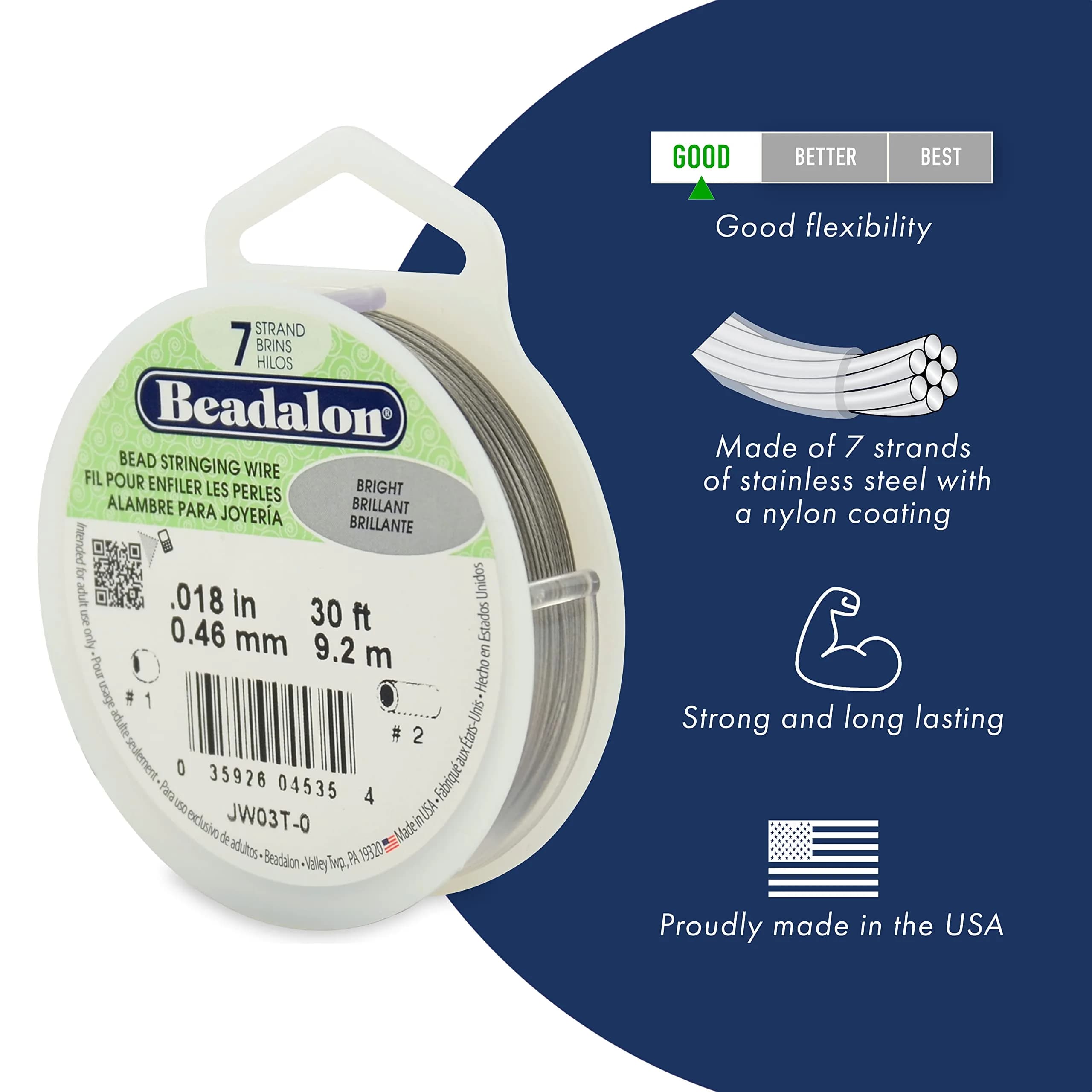 Beadalon 7-Strand Stainless Steel Beading Wire 0.46 mm (0.018 in) Silver | USA-Sourced for Durable Jewelry Making - view 2