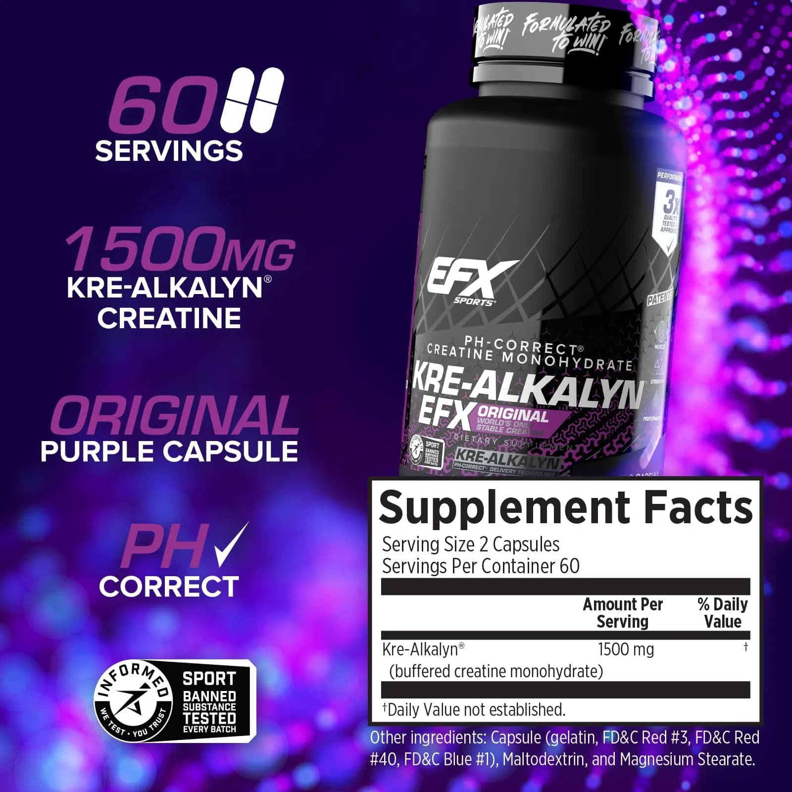 EFX Sports Kre-Alkalyn EFX Creatine Monohydrate Capsules | 60 Servings (120 Count) - view 3
